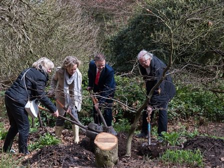 Twee vrouwen en twee mannen planten een boom in de tuin van Arboretum Kalmthout, ze houden spades vast en scheppen grond rond de stam. Zonnige lentedag.