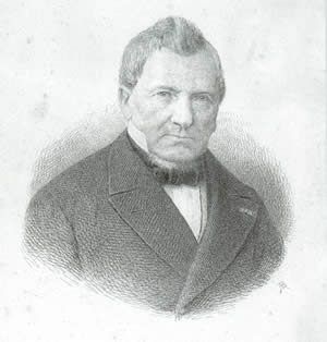 Historische zwart-wit prent, ets of pentekening van een 19de eeuwse man, met name Charles Van Geert, plantenkweker uit Kalmthout.