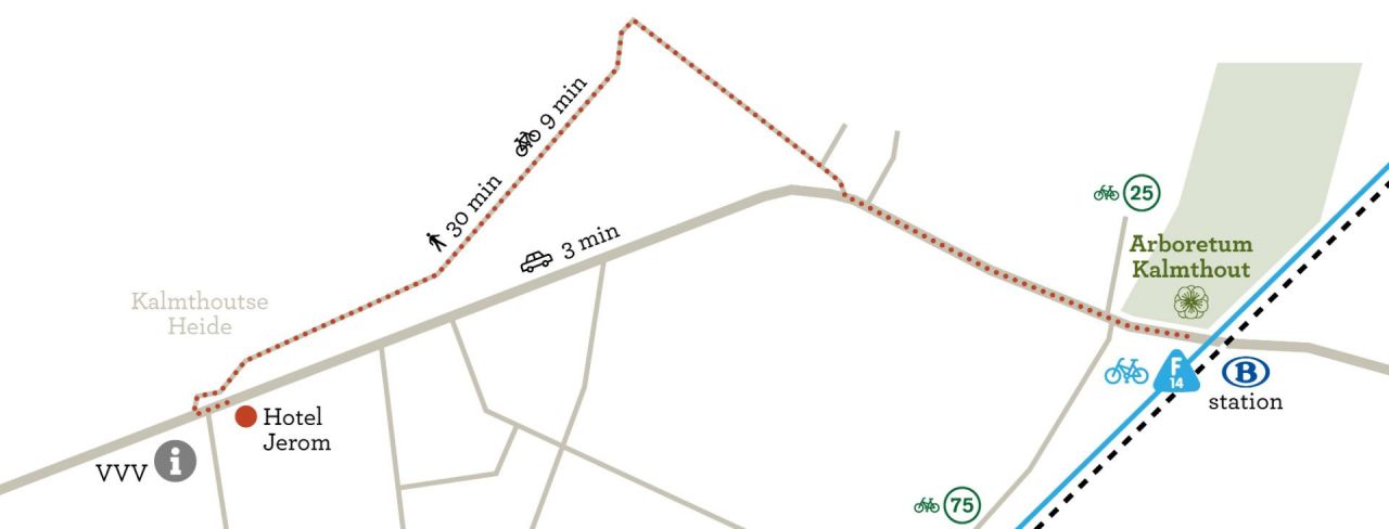 map and route from Hotel Jerom to Arboretum Kalmthout, Belgium