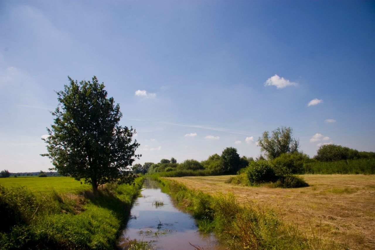 Landschapsfoto van een beek dwars door de velden van natuurgebied De Maatjes. De wolken en blauwe lucht  weerspiegelen in het water.