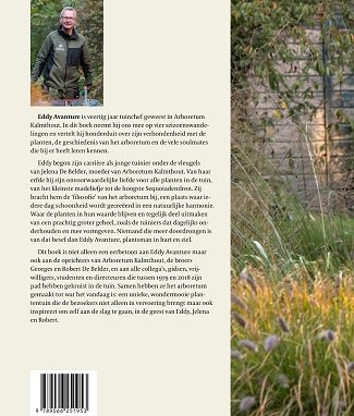 Achterzijde van het boek 'Van madeliefje tot Sequoiadendron' door Eddy Avanture, 40 jaar tuinchef in Arboretum Kalmthout.