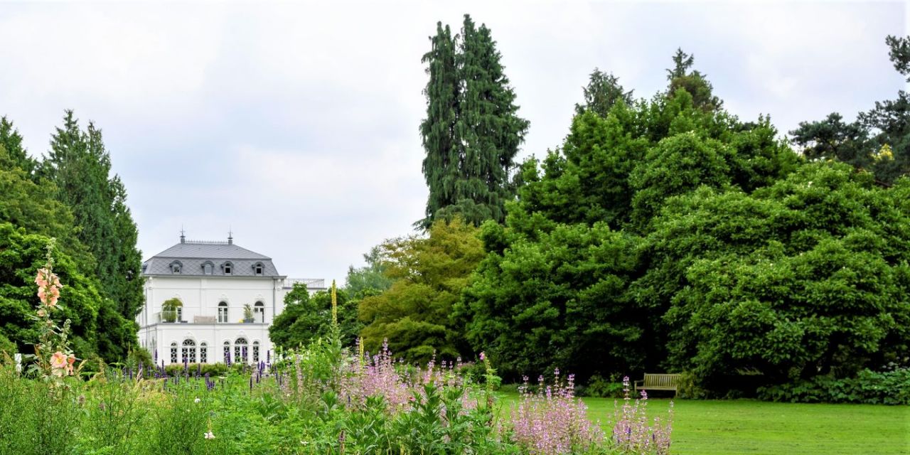 Zicht op de kleurrijke Oudolf Borders en op de achtergrond een wit historische gebouw met zicht op een groot grasveld en omliggende borders met bomen, zomer in Arboretum Kalmthout.