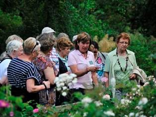 Rozenfeest in Arboretum Kalmthout, gids met een groep bezoekers aan een rozenperk.