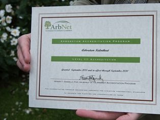 Close-up van het ArbNet certificaat Level II voor Arboretum Kalmthout, op de achtergrond een glimps van de tuin met bloeiende herfstanemonen in de borders.