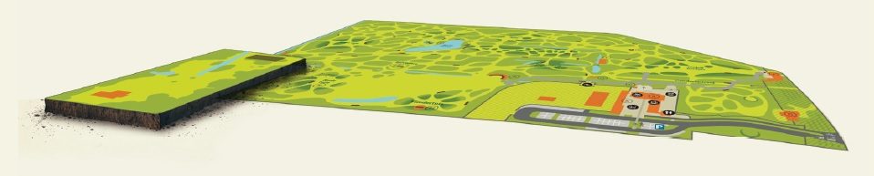 Plattegrond Arboretum Kalmthout met een uitsnede van een uitbreiding van 1 hectare.