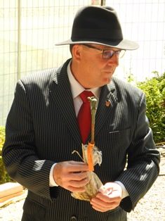 Een man in maatpak en hoed houdt een stek van een druivelaar in zijn handen, bij de plechtige overhandiging van de 400-jarige druivelaar als relatiegeschenk aan Arboretum Kalmthout.