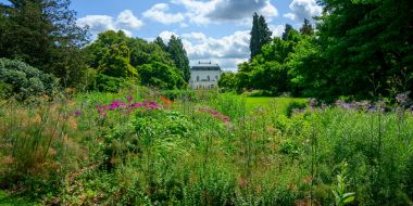 Zicht op het historische Vangeertenhof vanaf de bloeiende Oudolf Borders in Arboretum Kalmthout, zomerse dag.